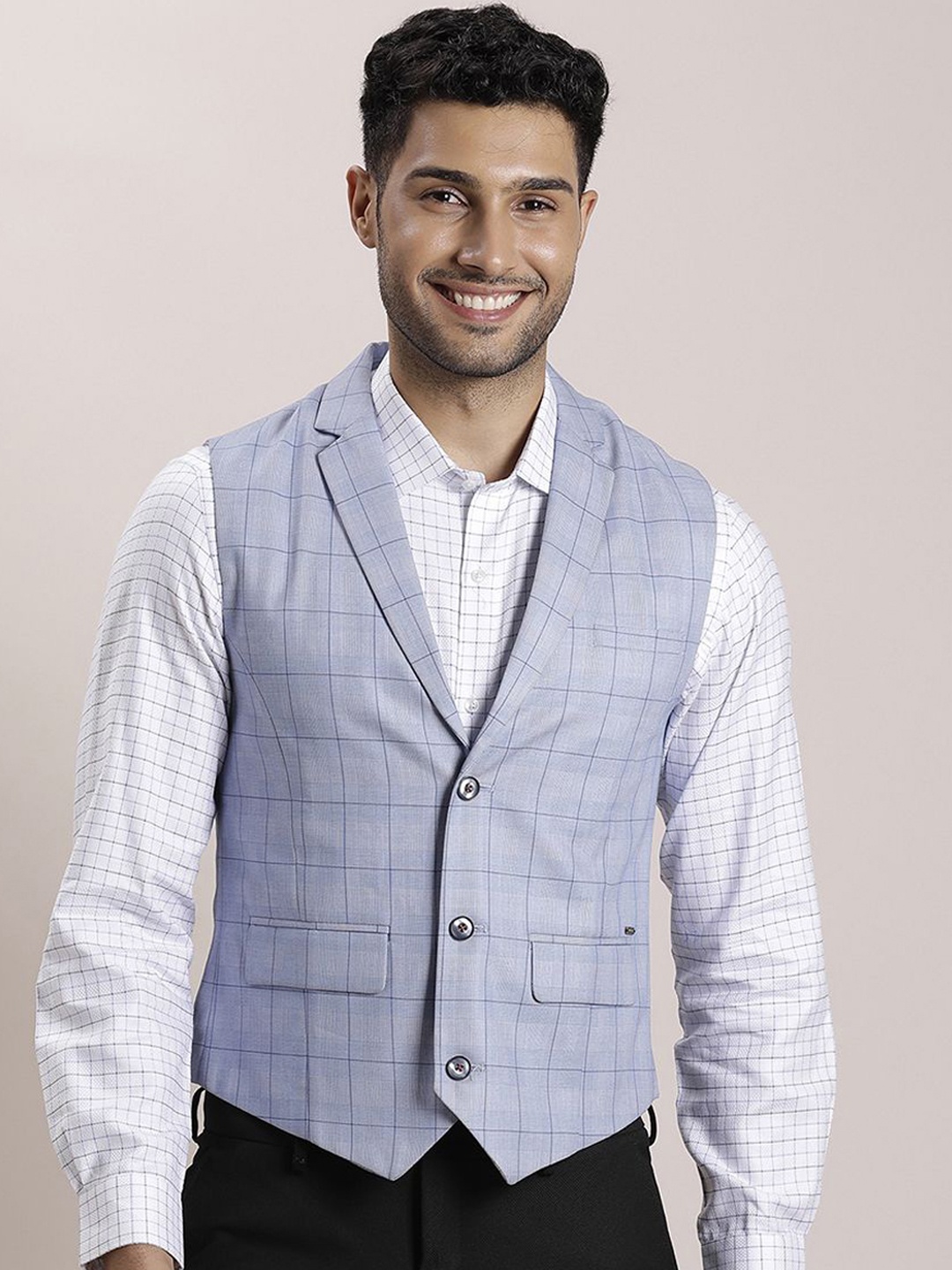 

Turtle Men Checked Lapel Collar Slim Fit Formal Waistcoat, Blue