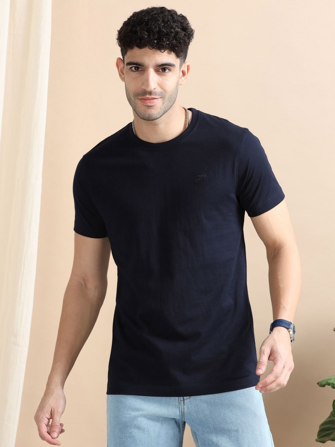 

Dogi Verg Men Solid Round Neck Cotton Slim Fit T-shirt, Navy blue