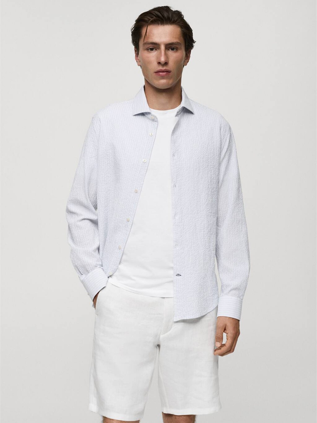 

MANGO MAN Seersucker Striped Cotton Casual Shirt, White