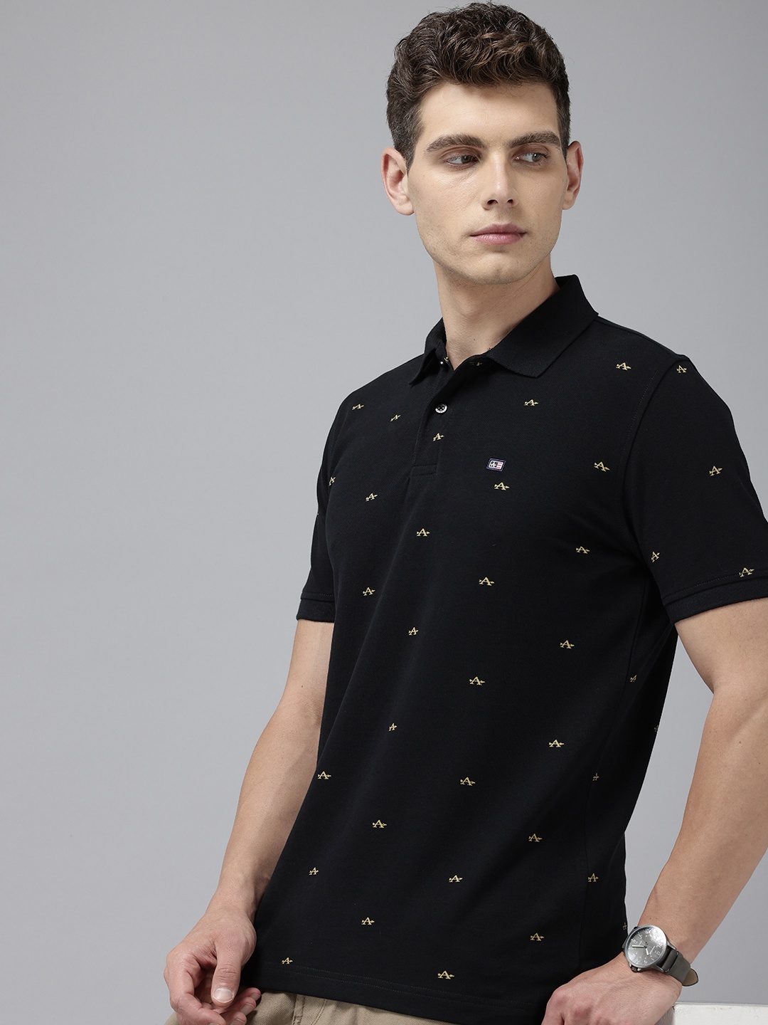 

Arrow Brand Logo Printed Polo Collar Pure Cotton T-shirt, Black