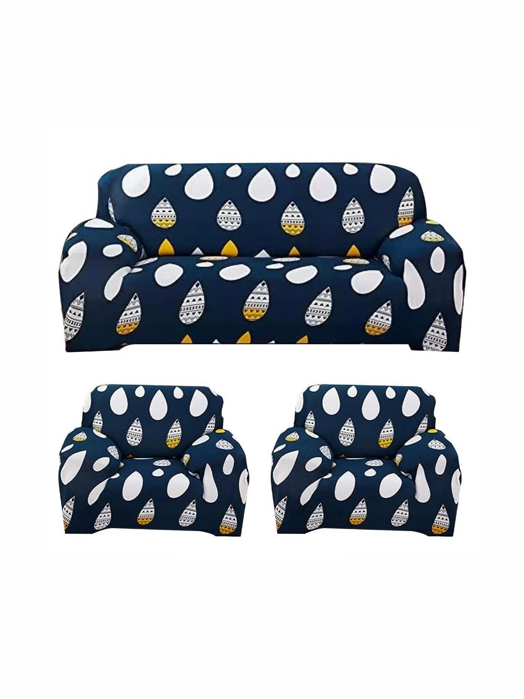 

B BESTILO Blue & White 3 Piece Printed Sofa Cover With Arms