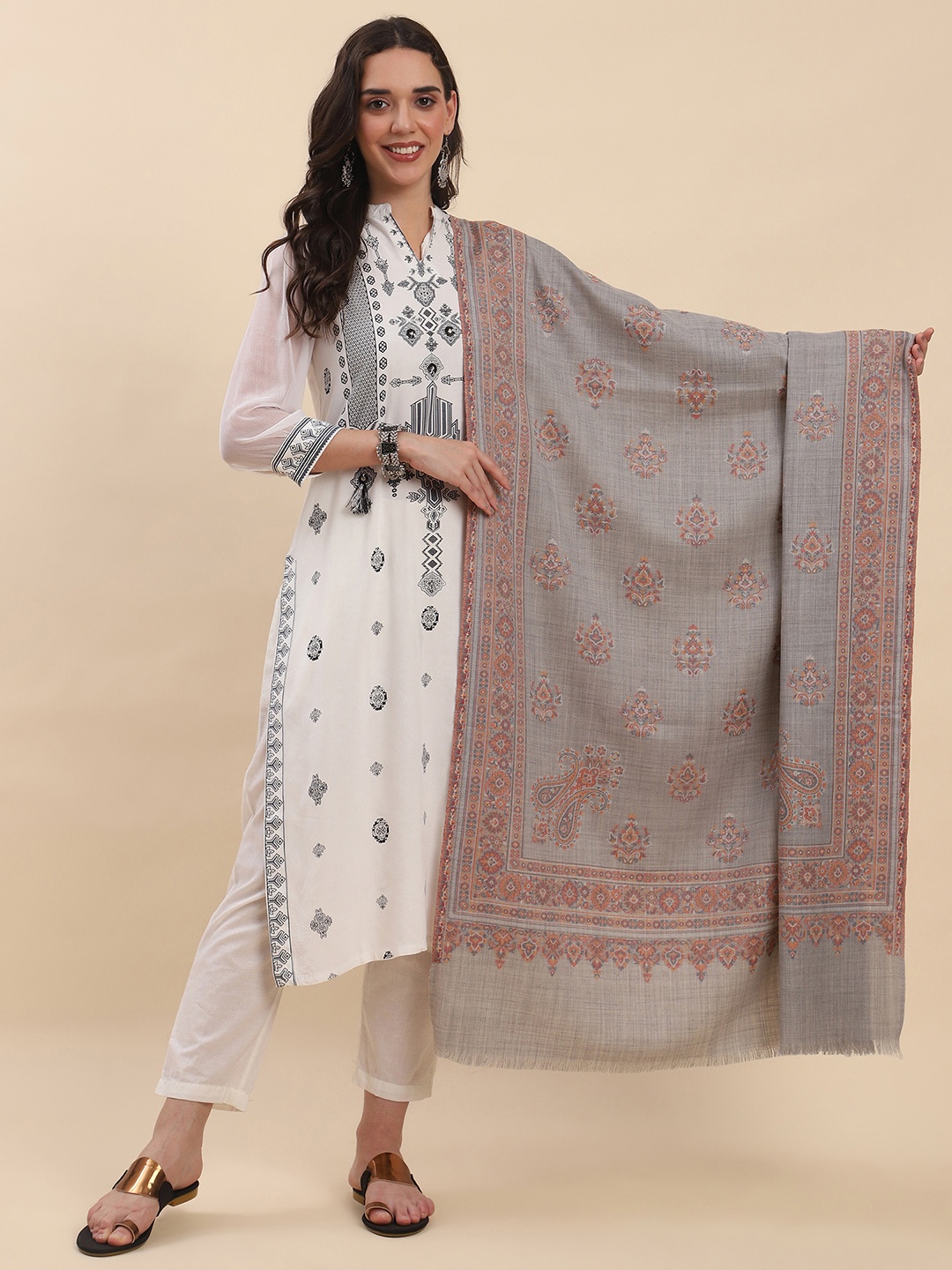 

La Vastraa Women Ethnic Motifs Woven Design Shawl, Beige