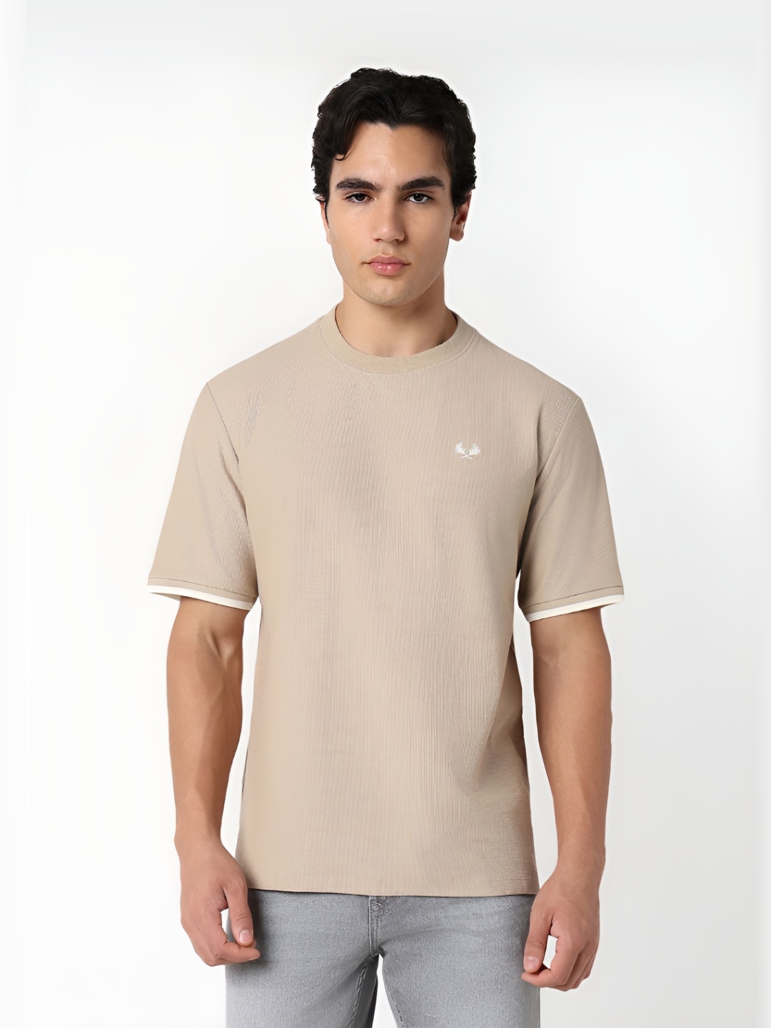 

R&B Men Solid Round Neck Cotton T-shirt, Beige