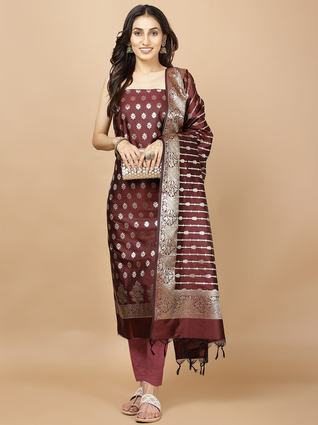

Meena Bazaar Floral Woven Design Unstitched Dress Material, Burgundy
