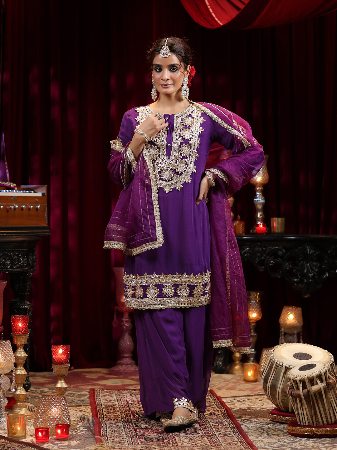 

SCAKHI Floral Embroidered Gotta Patti Georgette Straight Kurta With Palazzos & Dupatta, Purple