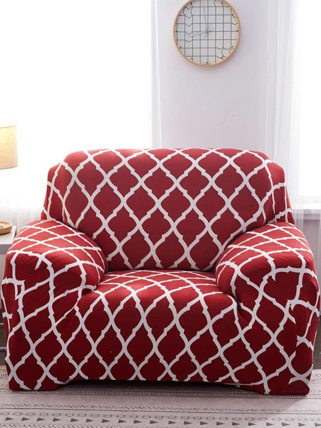 

B BESTILO Burgundy & White Geoemtric Printed Single Seater Sofa Cover With Arms