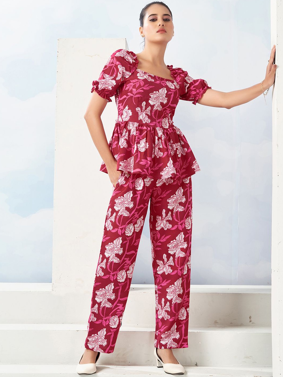 

KALINI Floral Printed Square Neck Tunic With Trousers, White