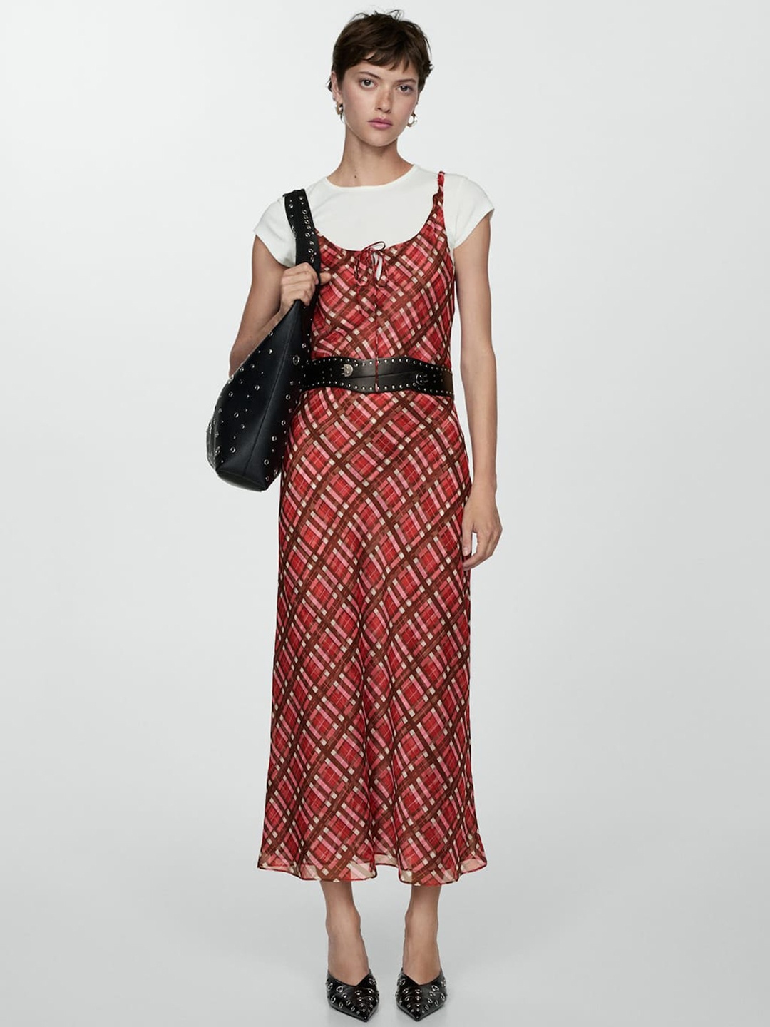 

MANGO Checked Tie-Up Neck A-Line Midi Dress, Red