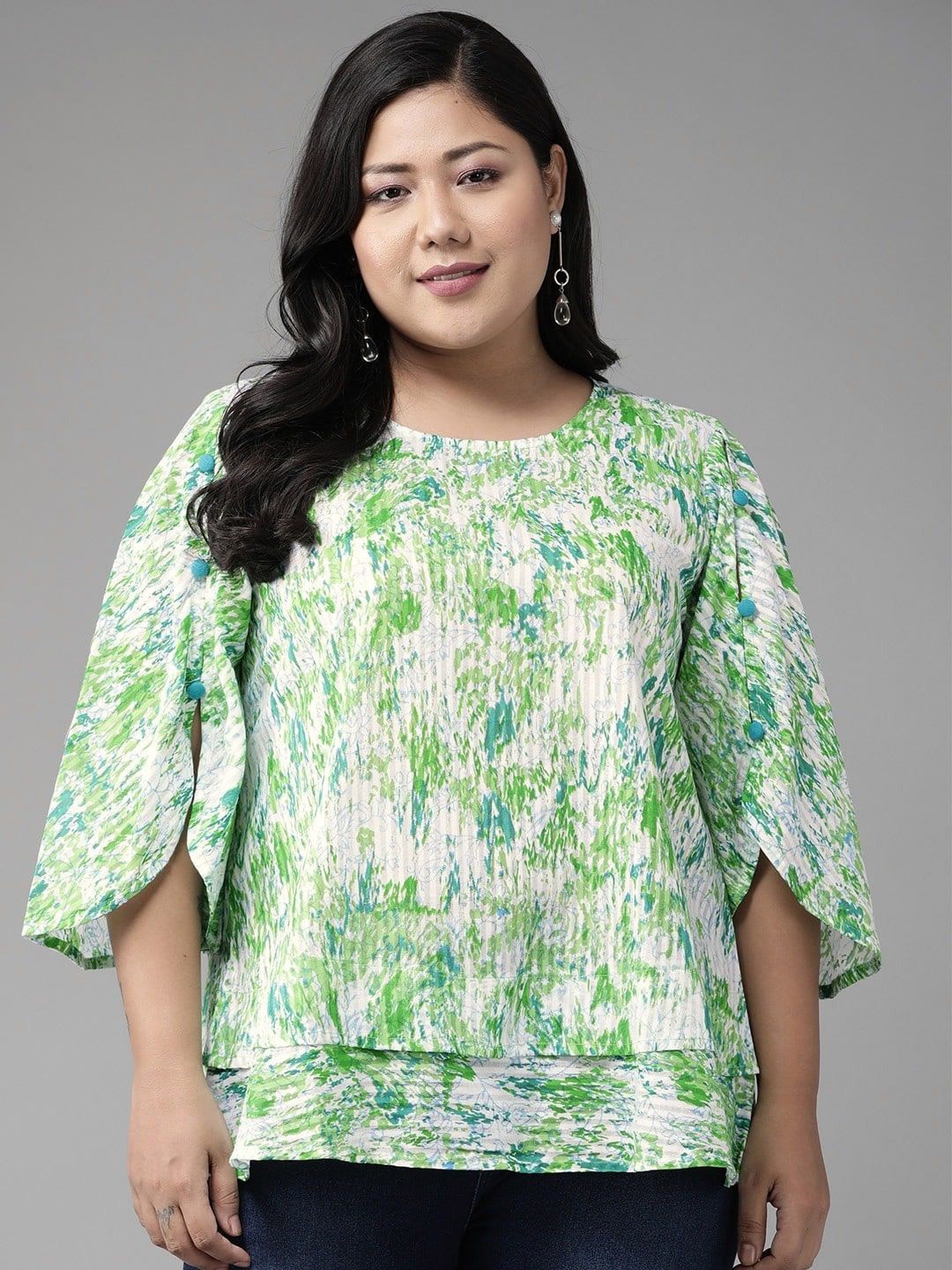 

YASH GALLERY Tie and Dye Print Flared Sleeve Top, Green