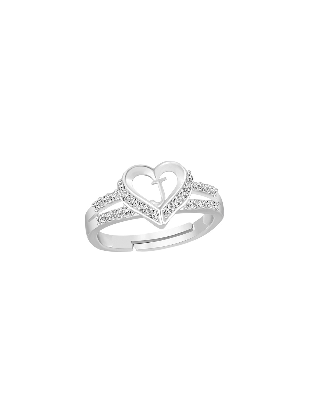 

Lila Silver-Plated Heart American Diamond-Studded Alphabet J Adjustable Finger Ring