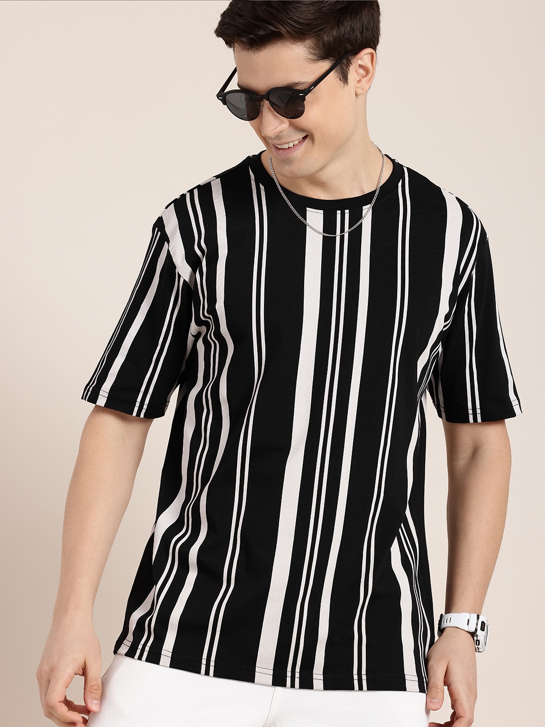 

HERE&NOW Pure Cotton Striped Drop-Shoulder Sleeves T-shirt, Black