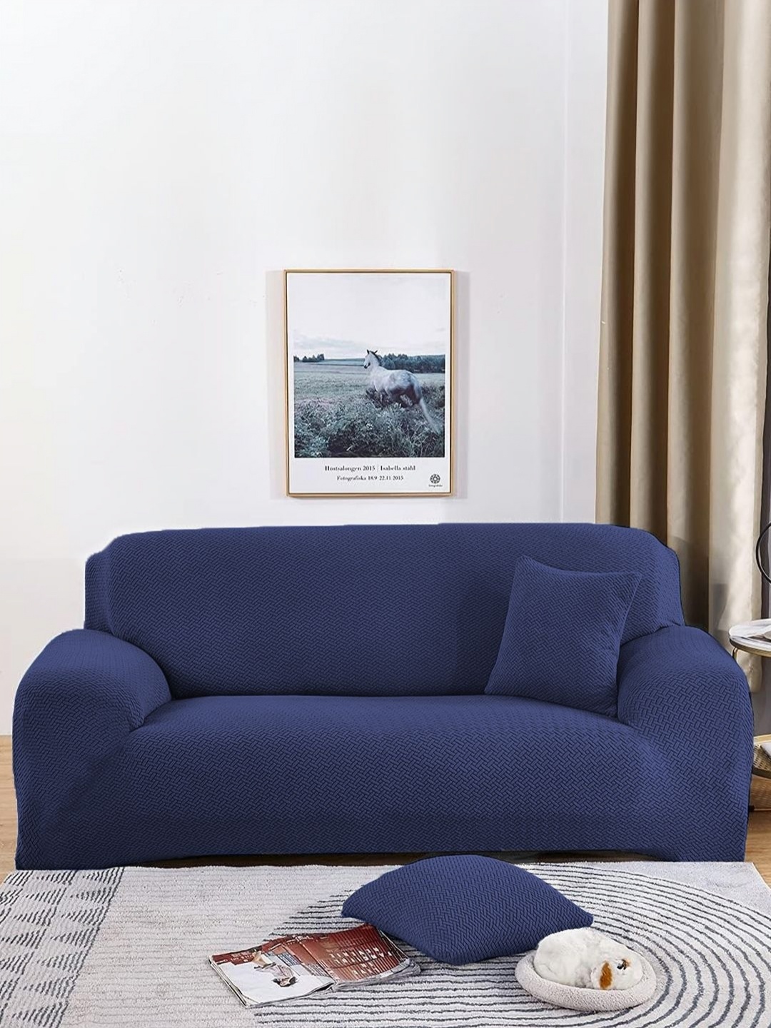 

B BESTILO Navy Blue Printed Triple Seater Sofa Cover With Arms
