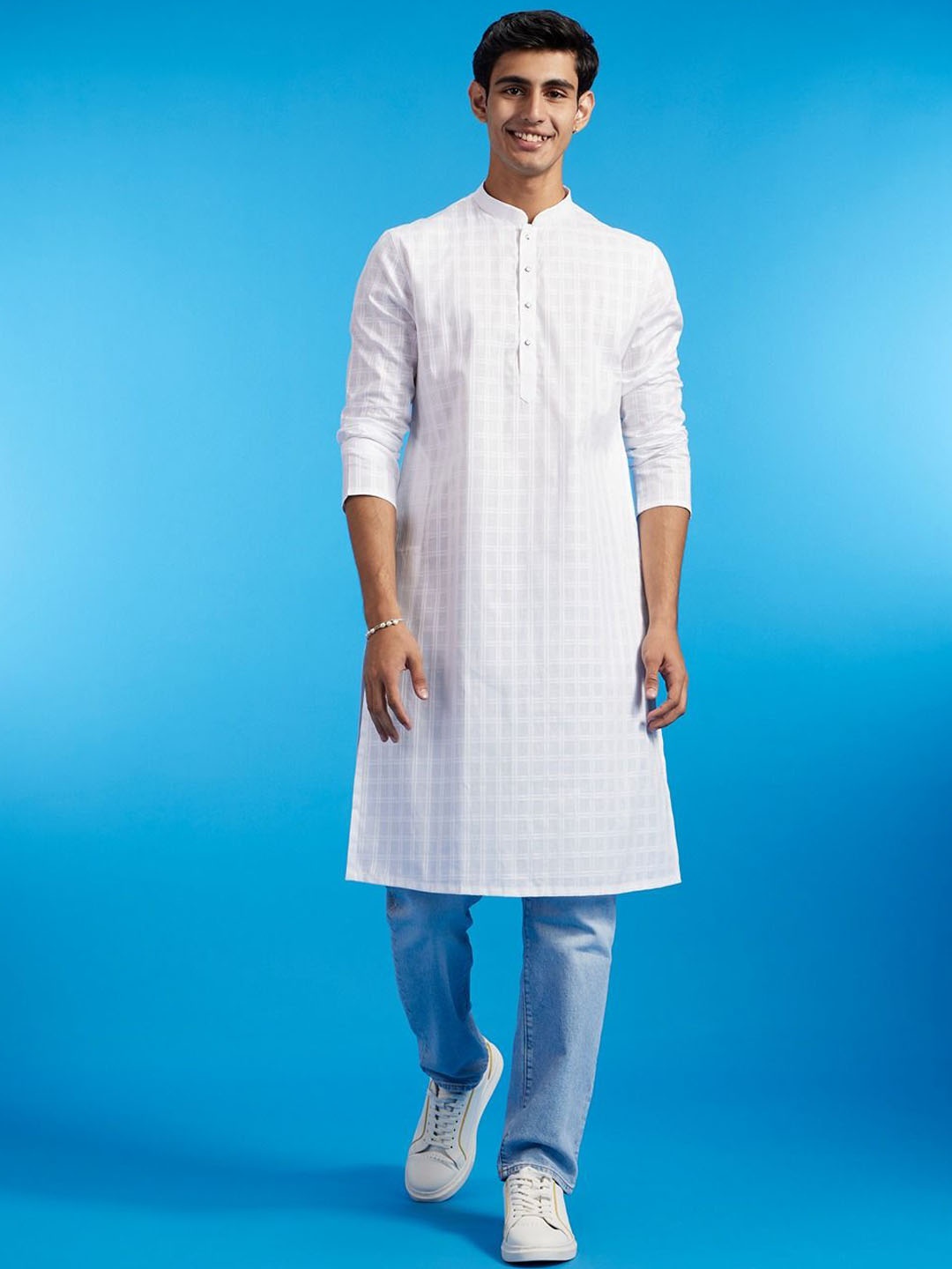 

Diwas by Manyavar Woven Design Mandarin Collar Cotton Straight Kurta, White