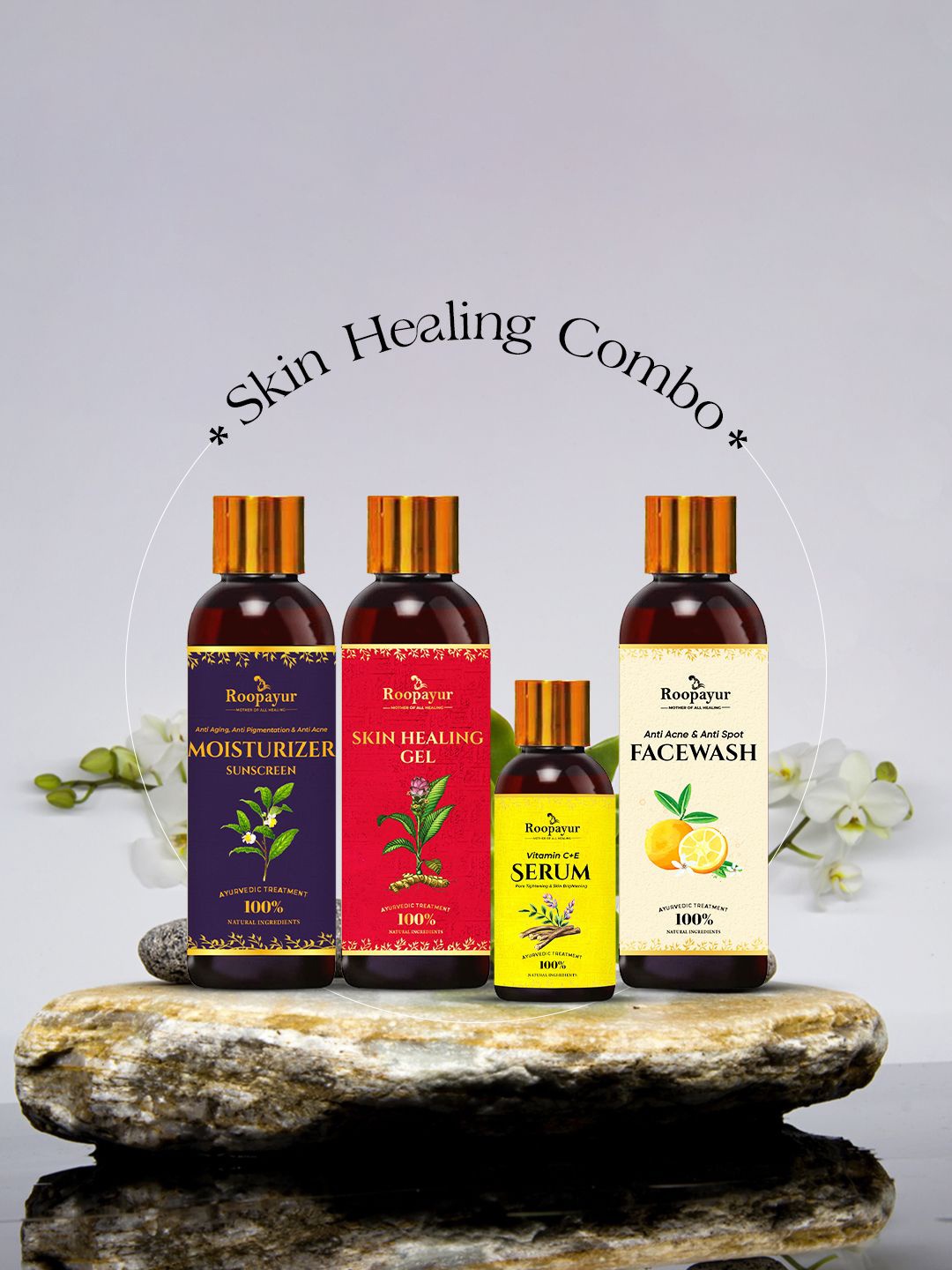 

ROOPAYUR Face Wash, Serum, Skin Healing Gel & Moisturizer Sunscreen, Brown