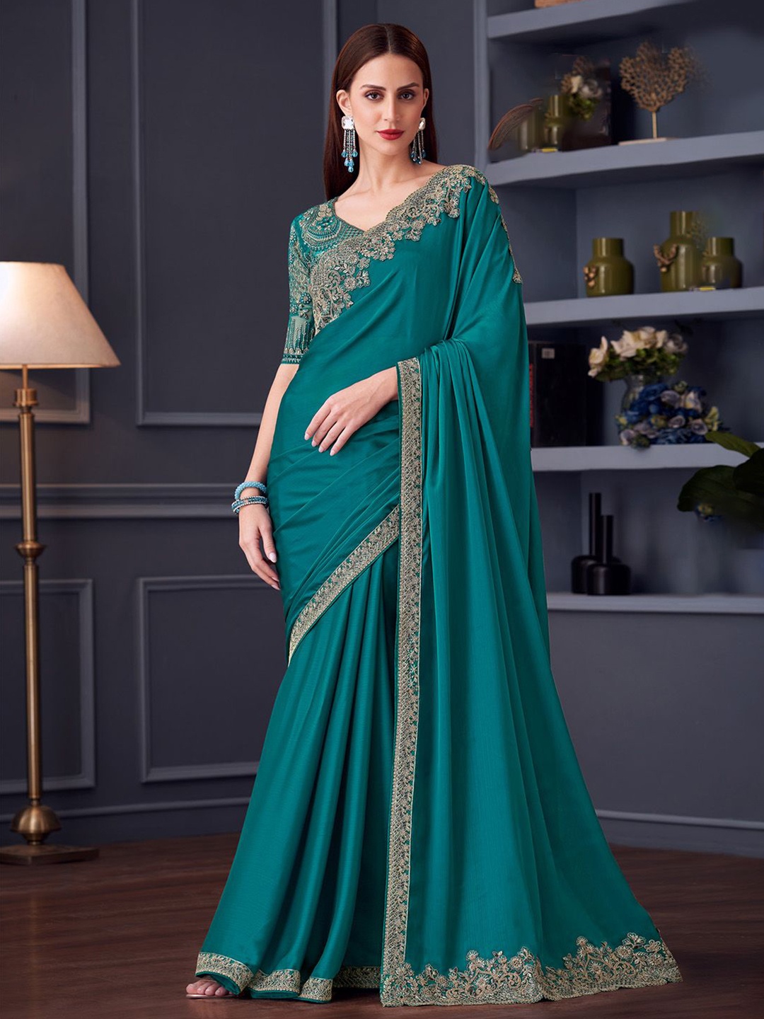 

Mitera Embroidered Pure Chiffon Saree, Blue