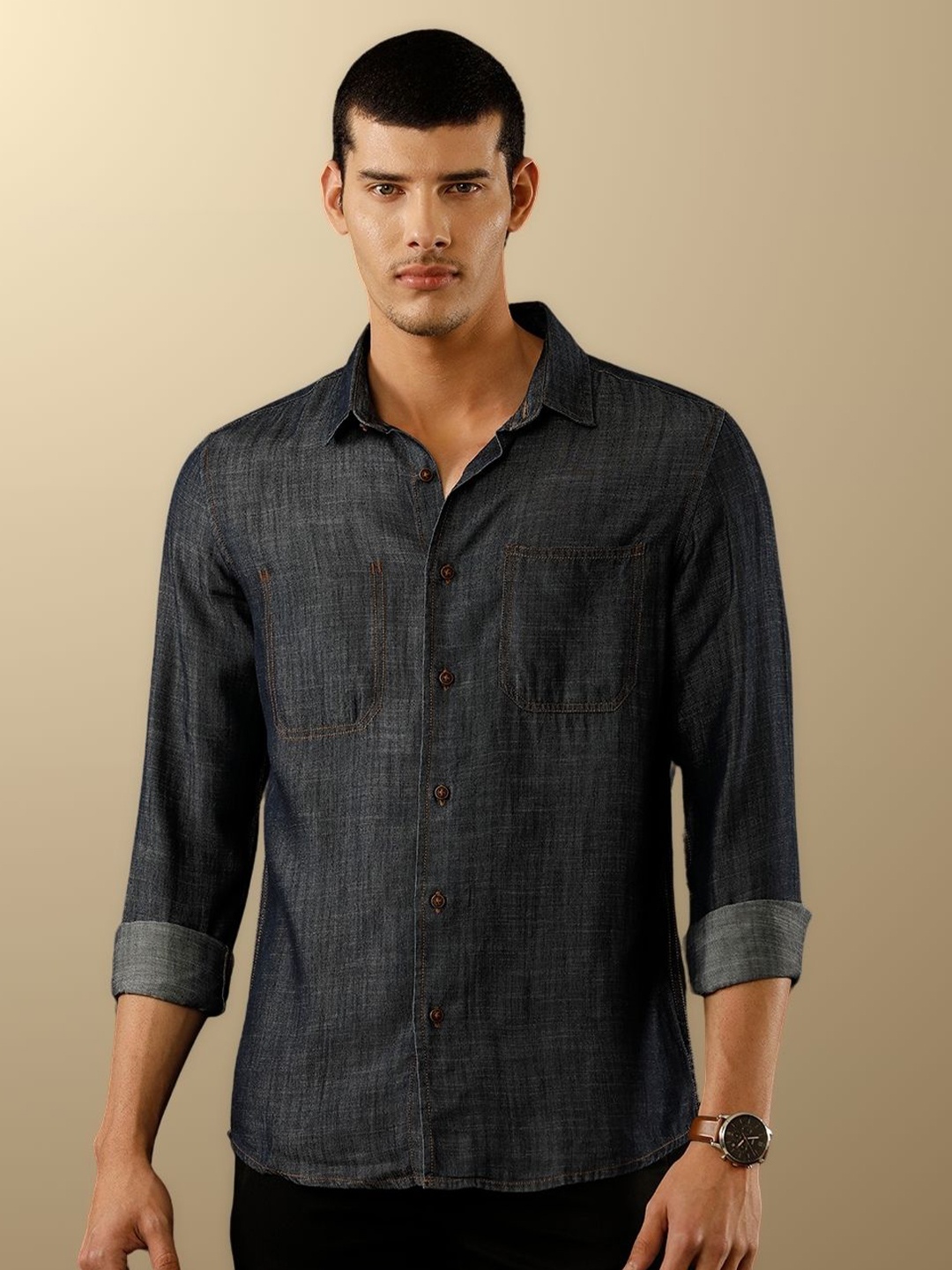 

TEMPLE OF DENIM Men India Slim Band Collar Solid Denim Casual Shirt, Blue