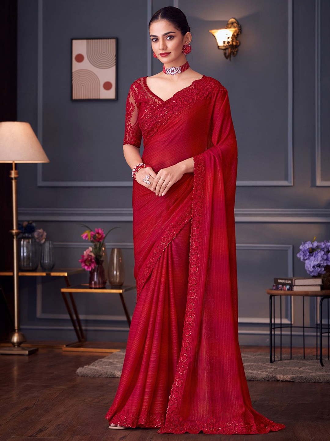 

Mitera Embellished Sequinned Pure Georgette Saree, Red