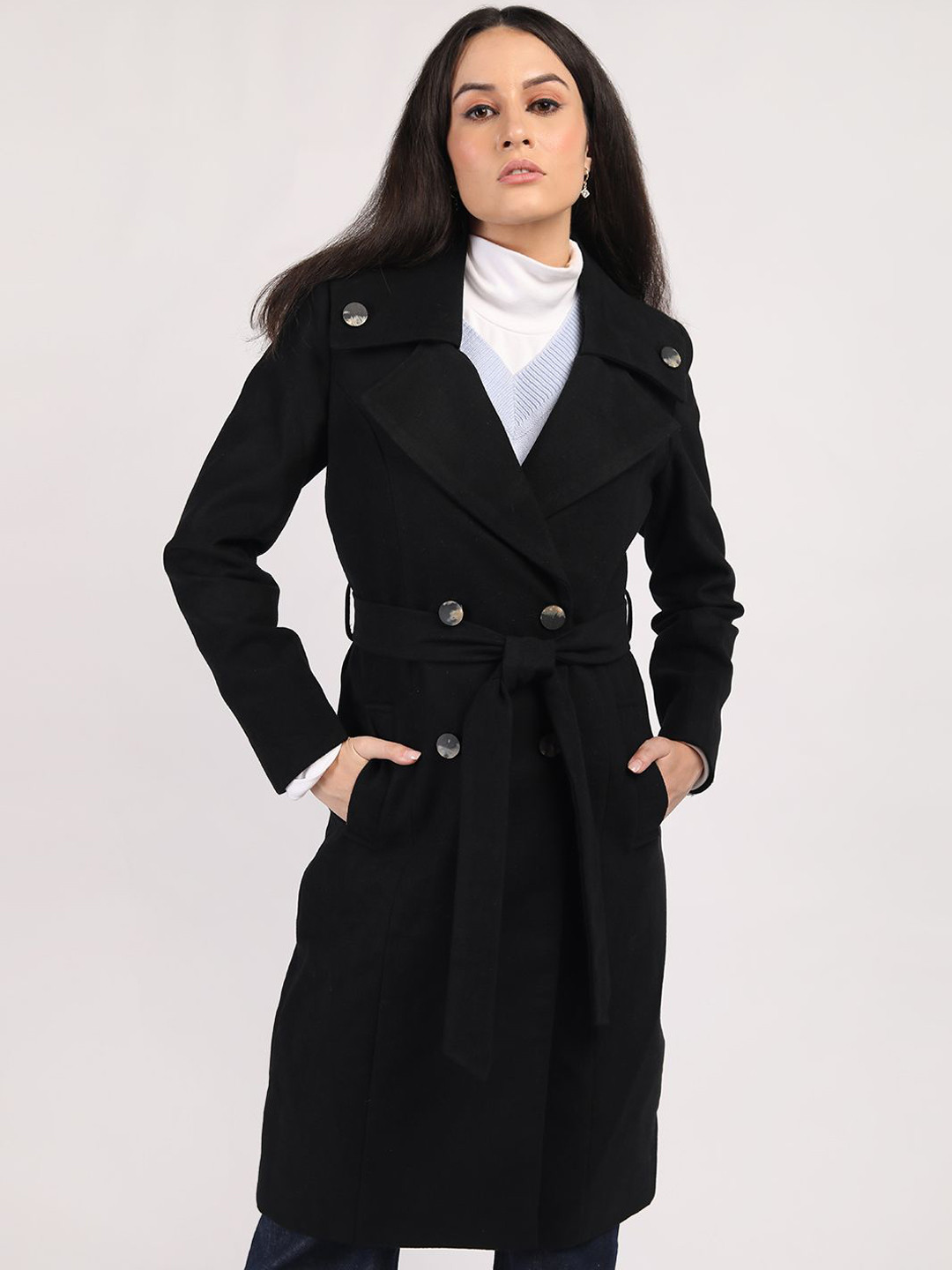 

HONNETE Women Notched Lapel Collar Double-Breasted Trench Coats, Black
