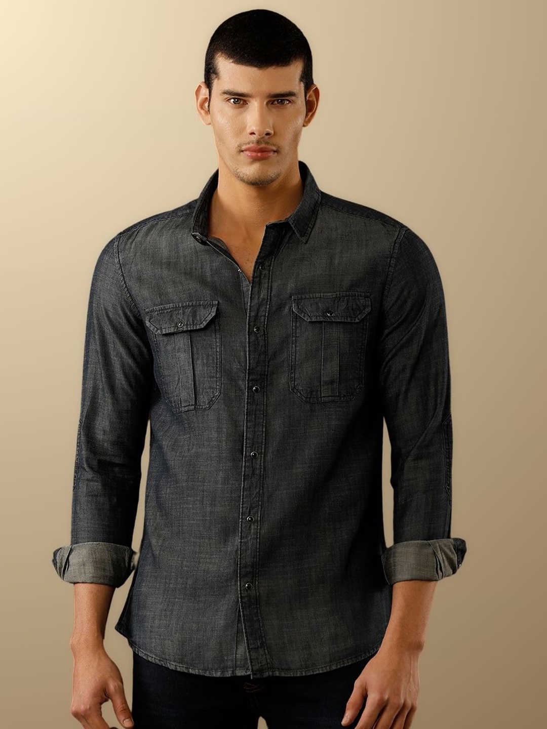 

TEMPLE OF DENIM Men India Slim Spread Collar Solid Denim Casual Shirt, Black