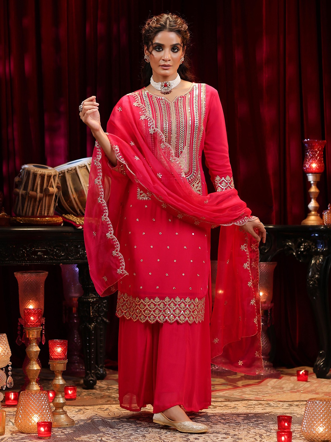 

SCAKHI Ethnic Motifs Embroidered Sequinned Georgette Straight Kurta & Palazzo & Dupatta, Fuchsia