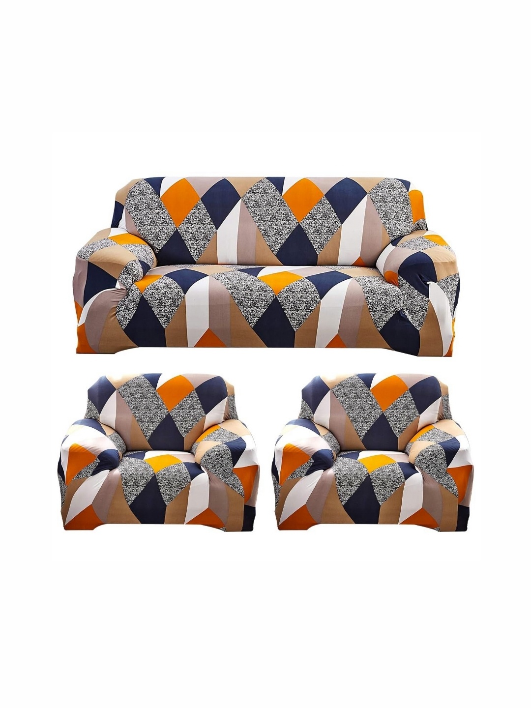 

B BESTILO Brown & White 5 Pieces Geometric Printed 5 Seater Sofa Cover With Arms