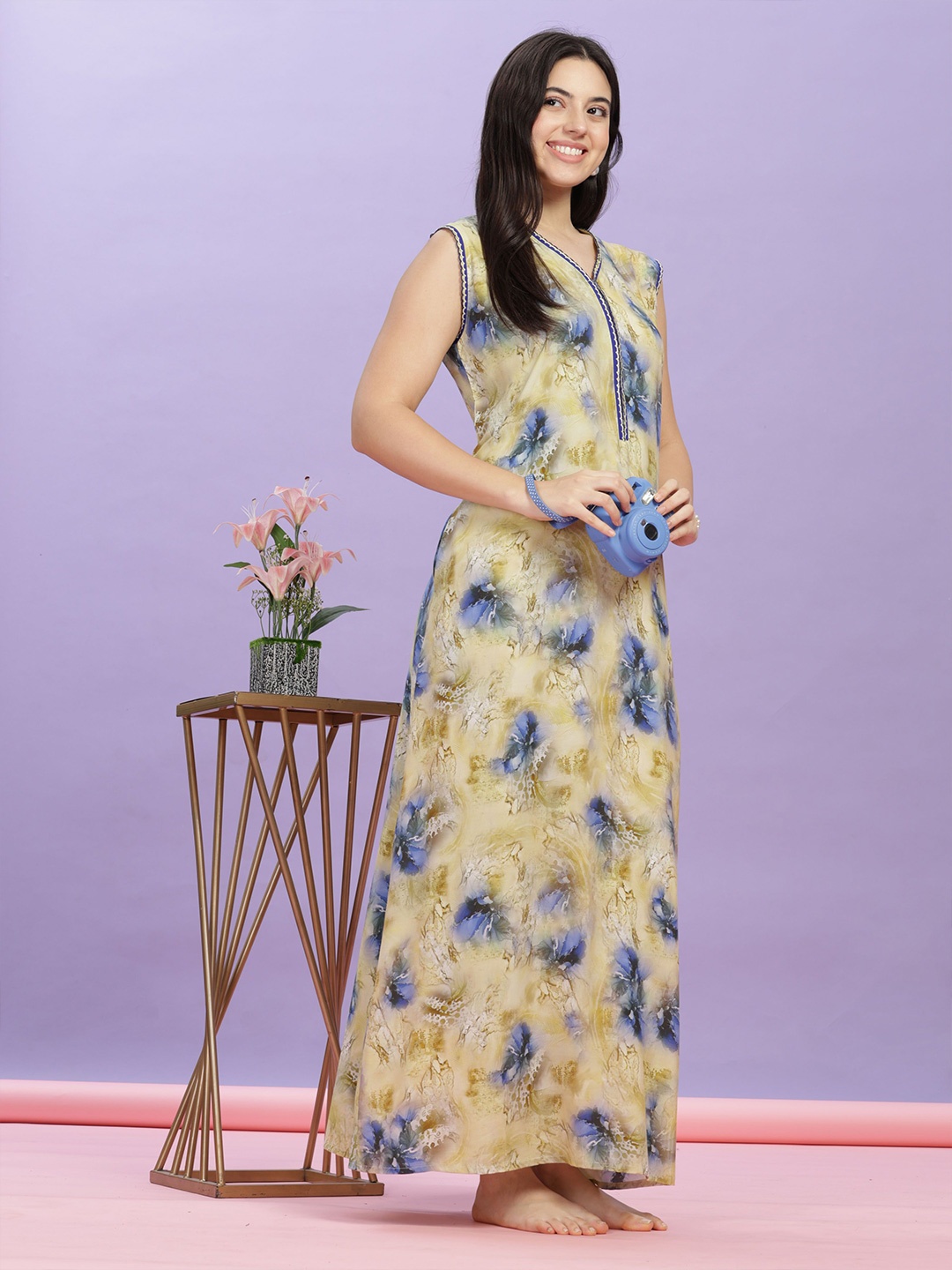 

9shines Label Women Floral Printed V-Neck Sleeveless Maxi Nightdress, Yellow