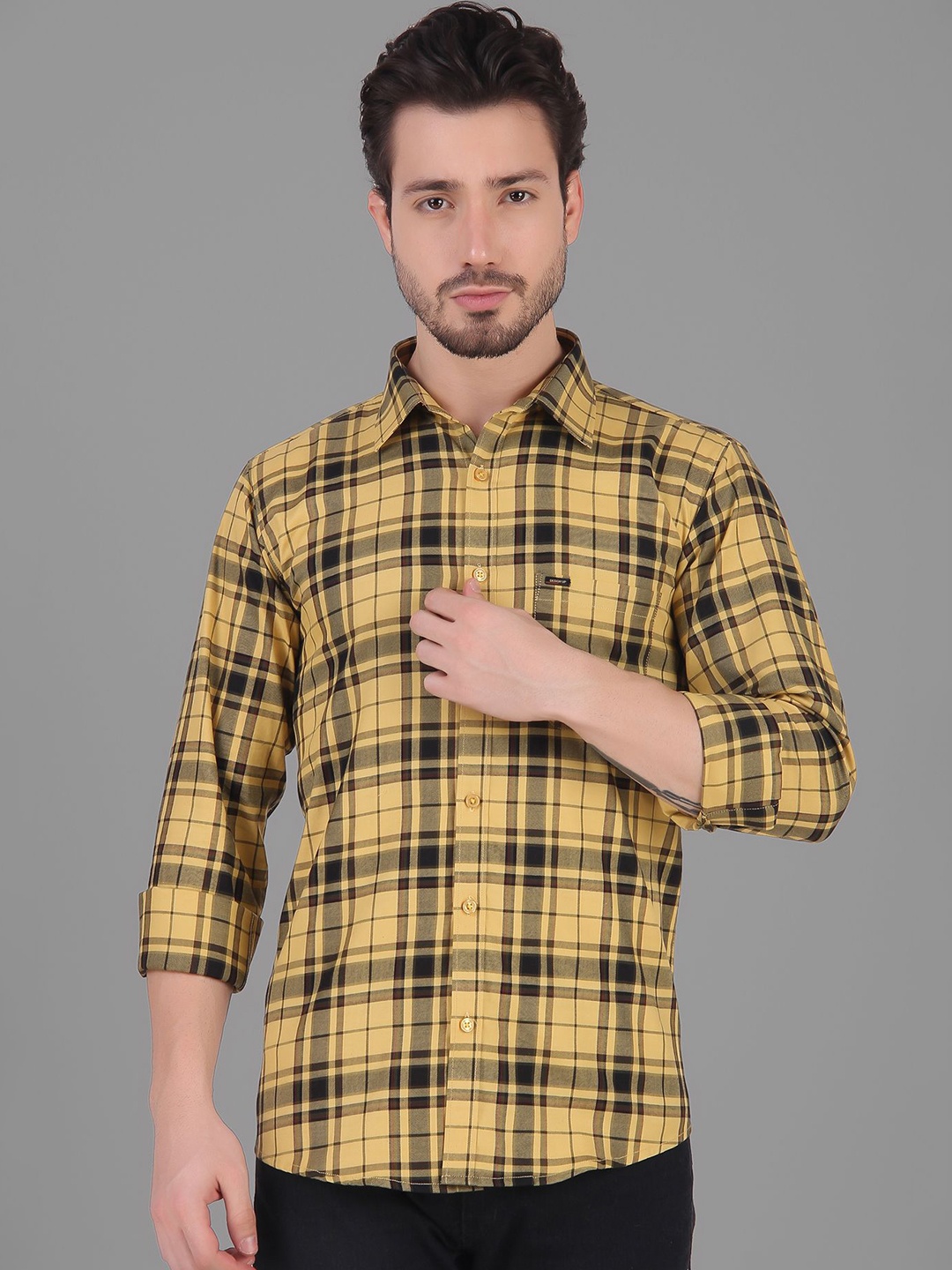 

DESIGN UP Men Classic Slim Fit Opaque Checked Casual Shirt, Yellow