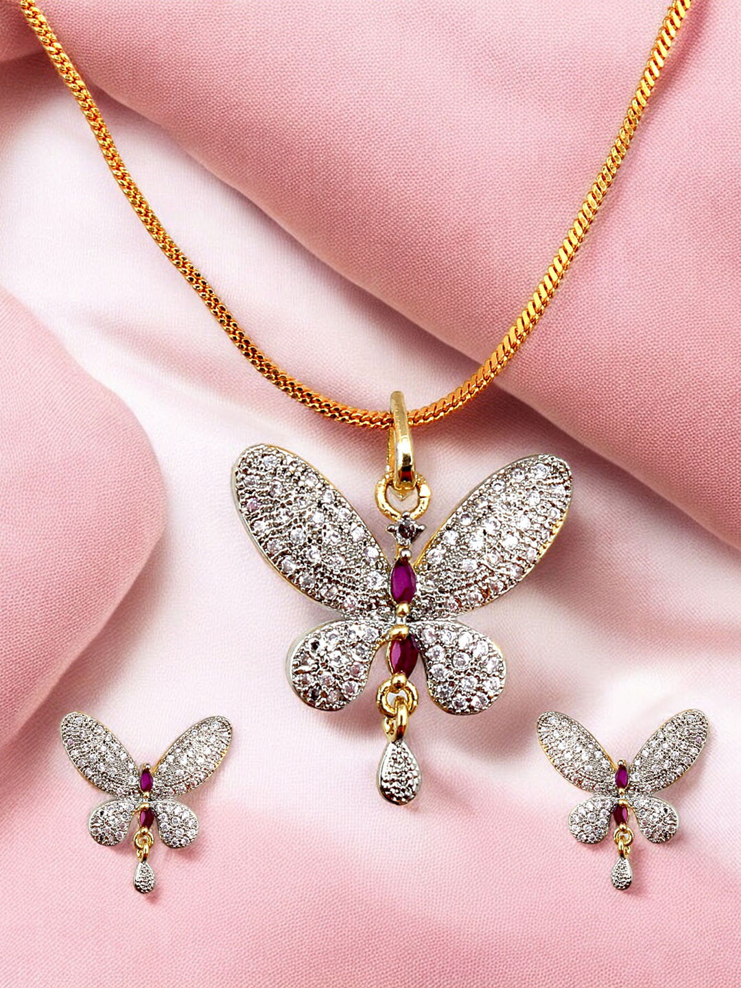 

LUCKY JEWELLERY 18K Gold Plated American Diamond Studded Jewellery Set