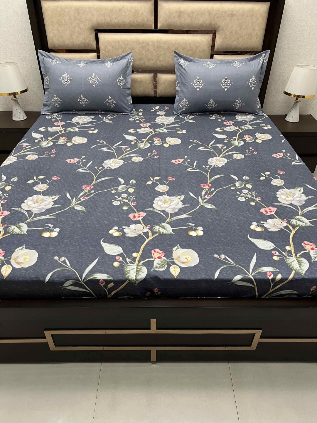 

Pure Decor Manor Grey Floral Microfiber Fitted King Bedsheet With 2 Pillow Covers