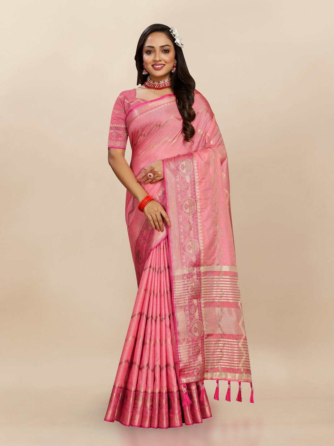 

MOKSHA DESIGNS Ethnic Motifs Zari Pure Silk Kanjeevaram Saree, Pink