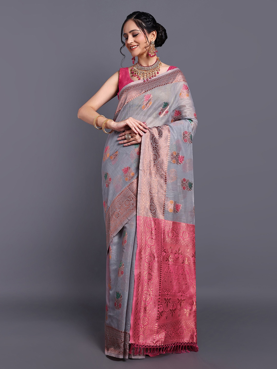 

SWAMI STUDIO Floral Zari Pure Cotton Kanjeevaram Saree, Grey