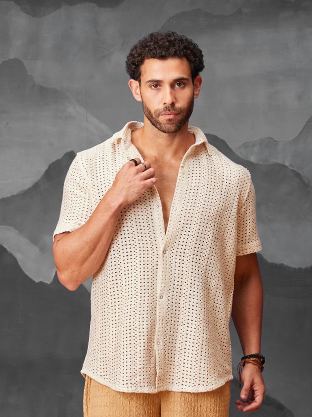 

CMGE Men Relaxed Semi Sheer Casual Shirt, Beige