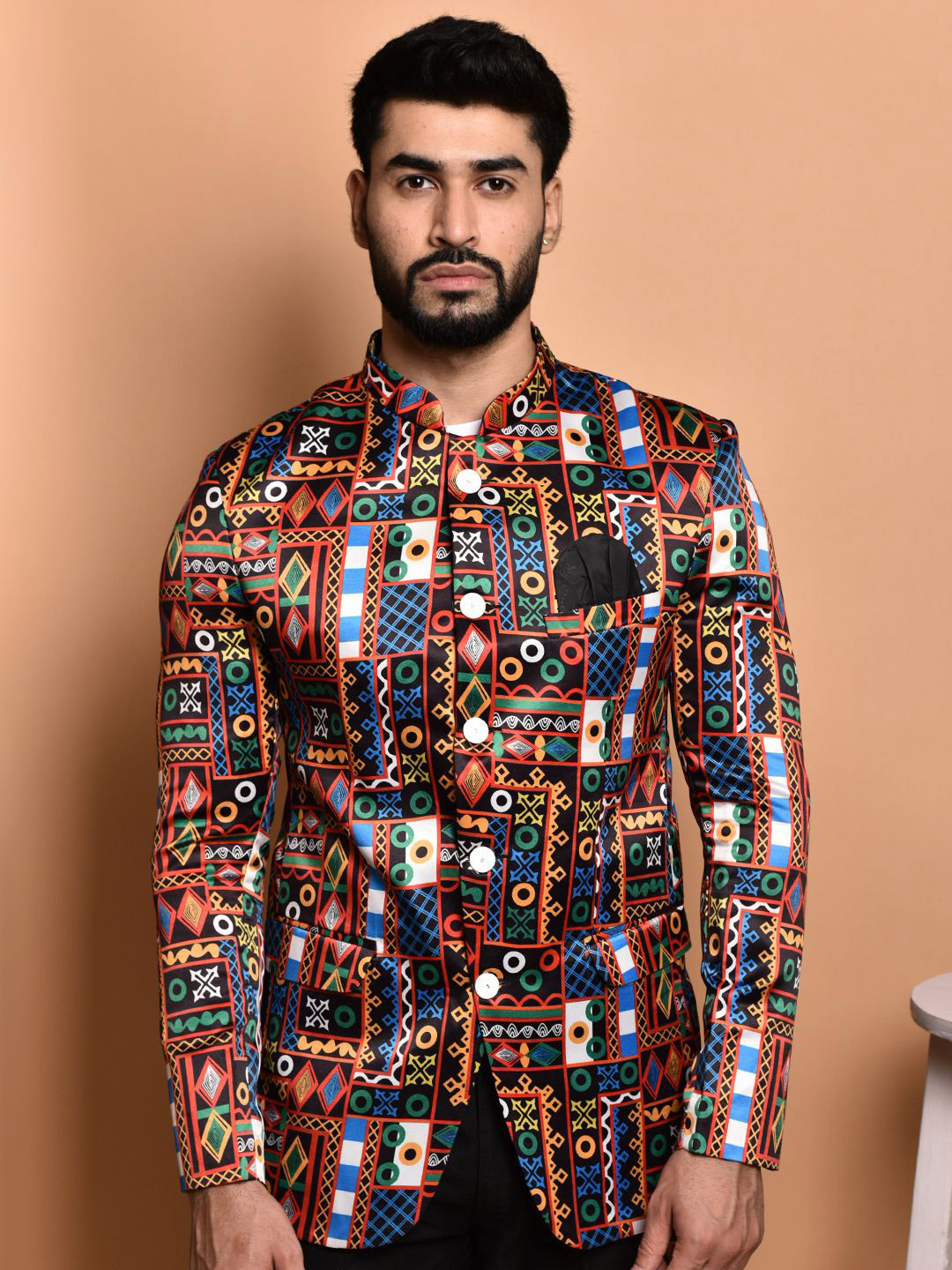 

PRINTCULTR Printed Mandarin Collar Single Vent Bandhgala Casual Blazer, Black