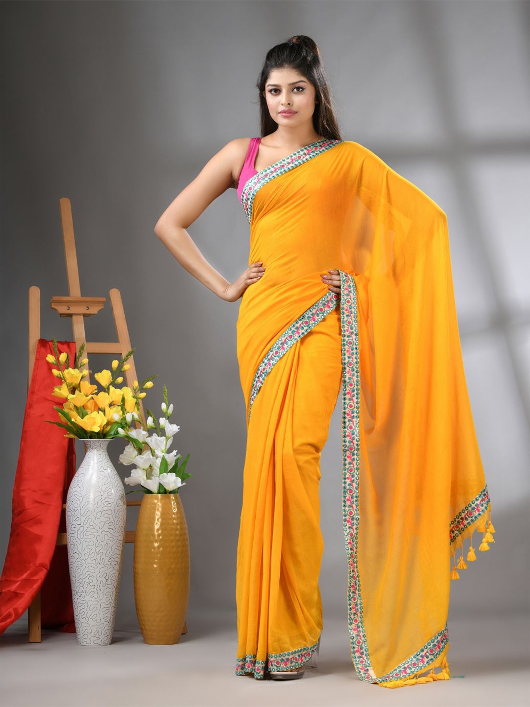 

Charukriti Embroidered Pure Cotton Saree, Yellow