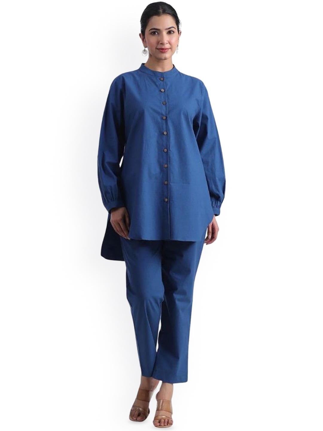 

JAIPURRANG Mandarin Collar Puff Sleeves Pure Cotton Tunic With Trouser, Blue