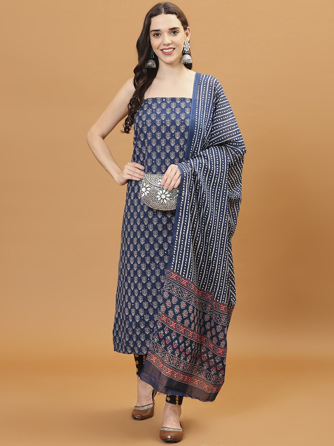 

Meena Bazaar Floral Printed Mirror Work Unstitched Dress Material, Navy blue