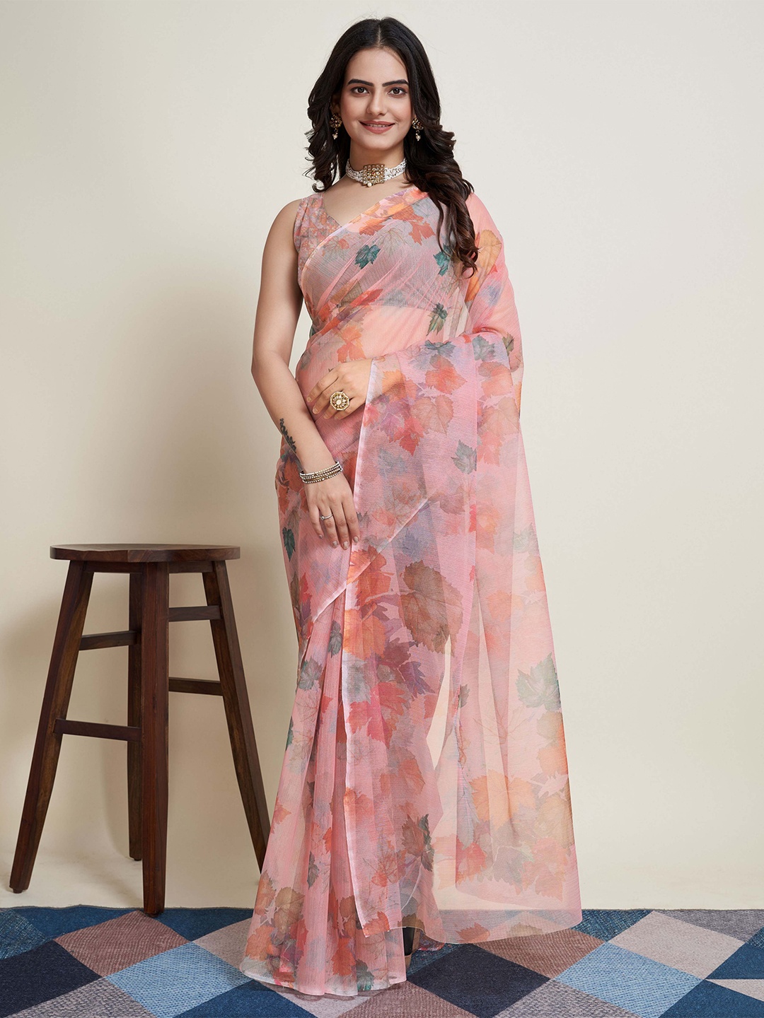 

bansari textiles Floral Pure Georgette Saree, Pink