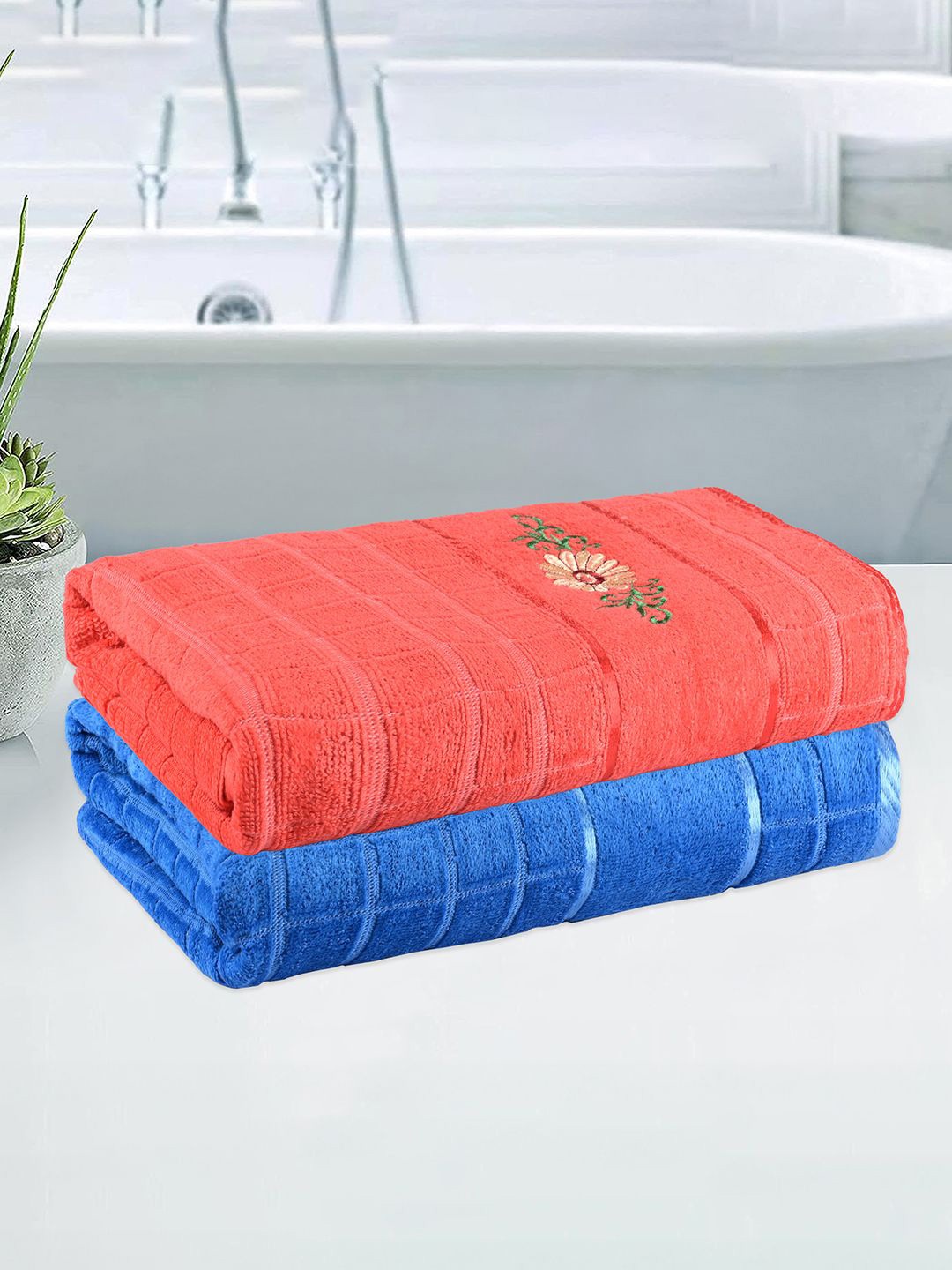 

Kuber Industries Blue & Orange 2 Pieces Striped 250 GSM Bath Towels