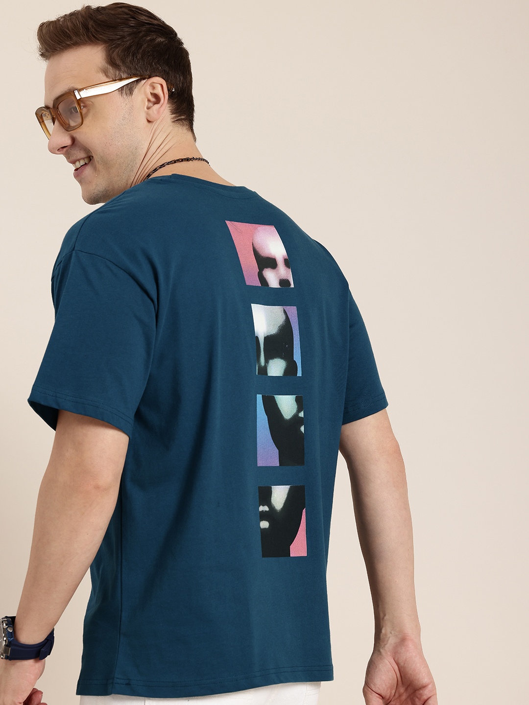 

HERE&NOW Printed Drop-Shoulder Sleeves Pure Cotton T-shirt, Teal