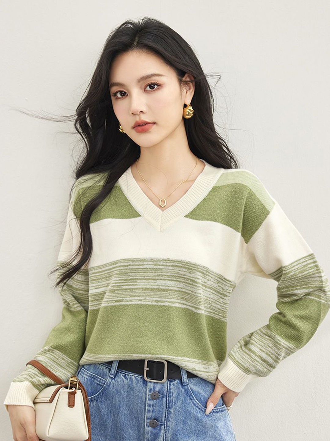 

JC Collection Women Striped Pullover, Green