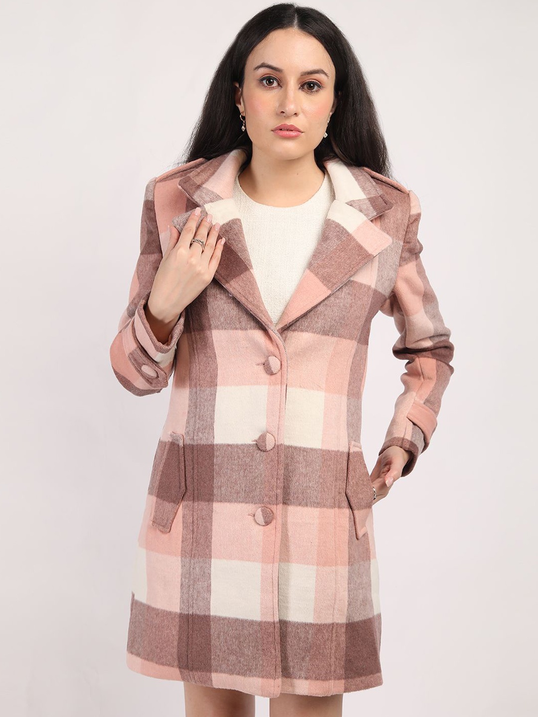 

HONNETE Women Checked Notched Lapel Collar Double-Breasted Winter Overcoat, Pink