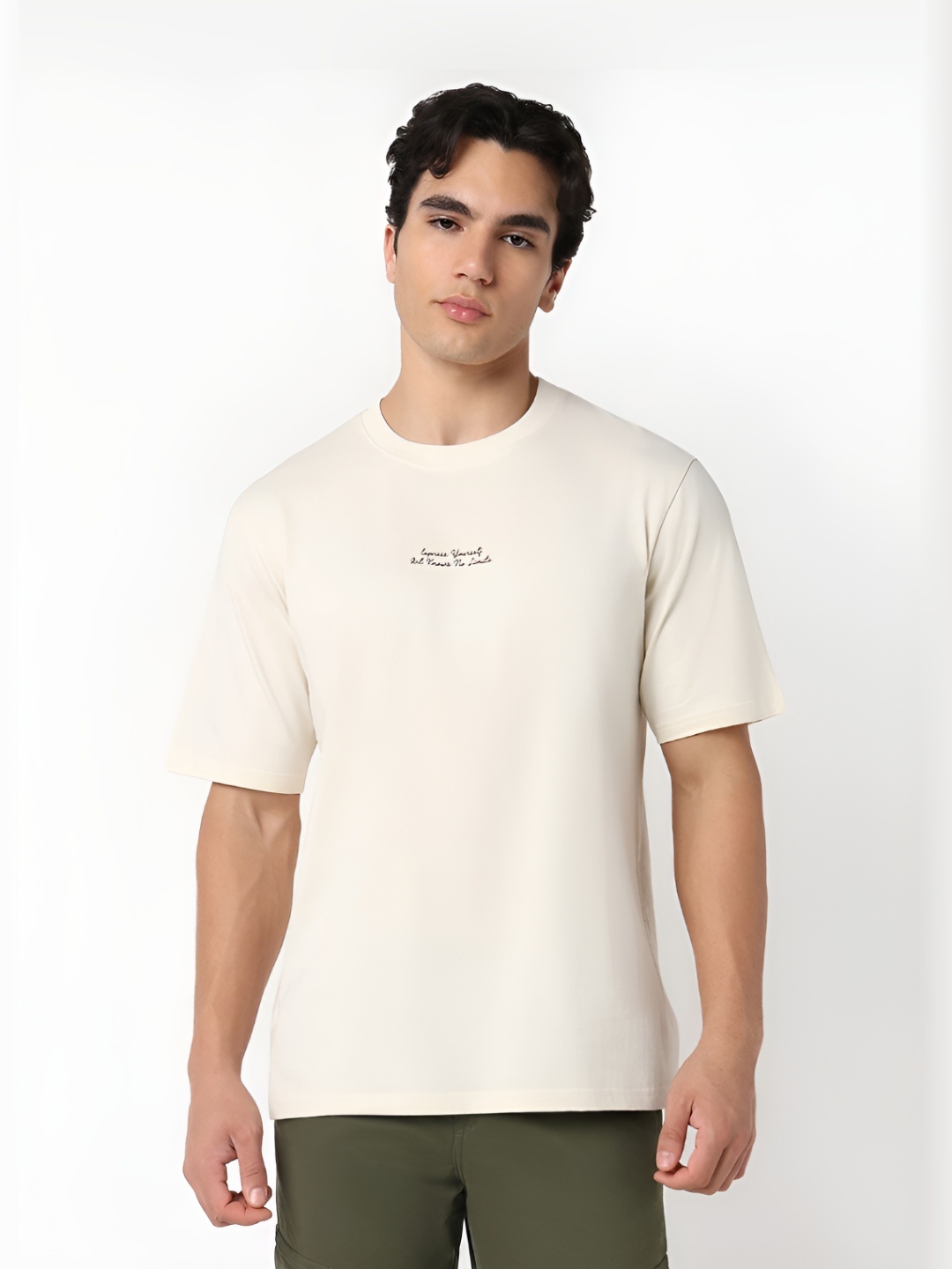 

R&B Men Solid Round Neck Cotton T-shirt, Cream