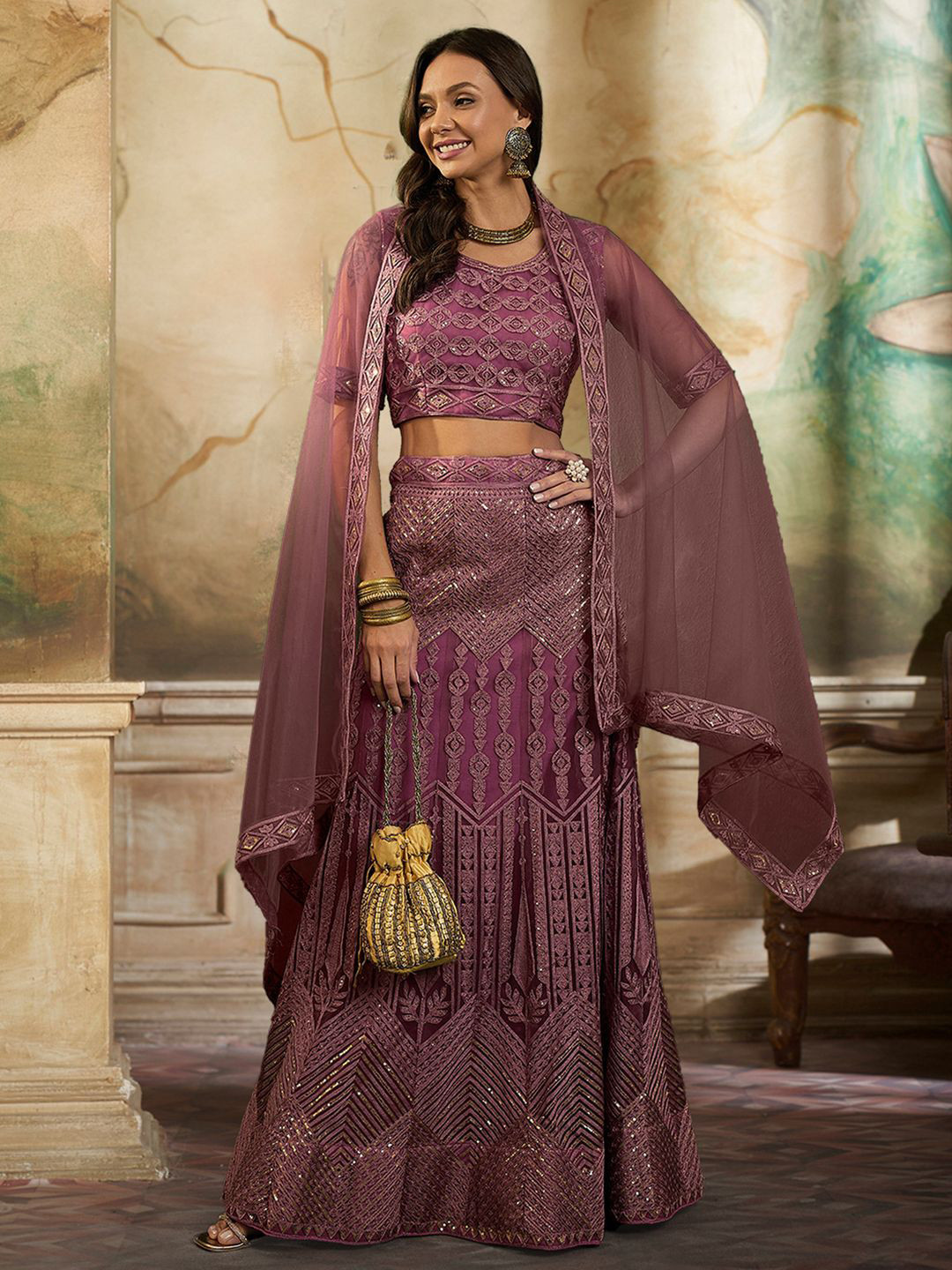 

Kvsfab Embroidered Sequinned Semi-Stitched Lehenga & Blouse With Dupatta, Pink