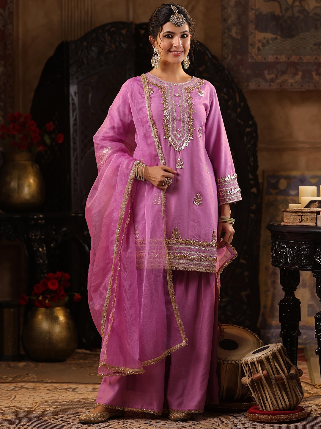 

SCAKHI Ethnic Motifs Embroidered Gotta Patti Chanderi Silk Kurta with Sharara & Dupatta, Mauve