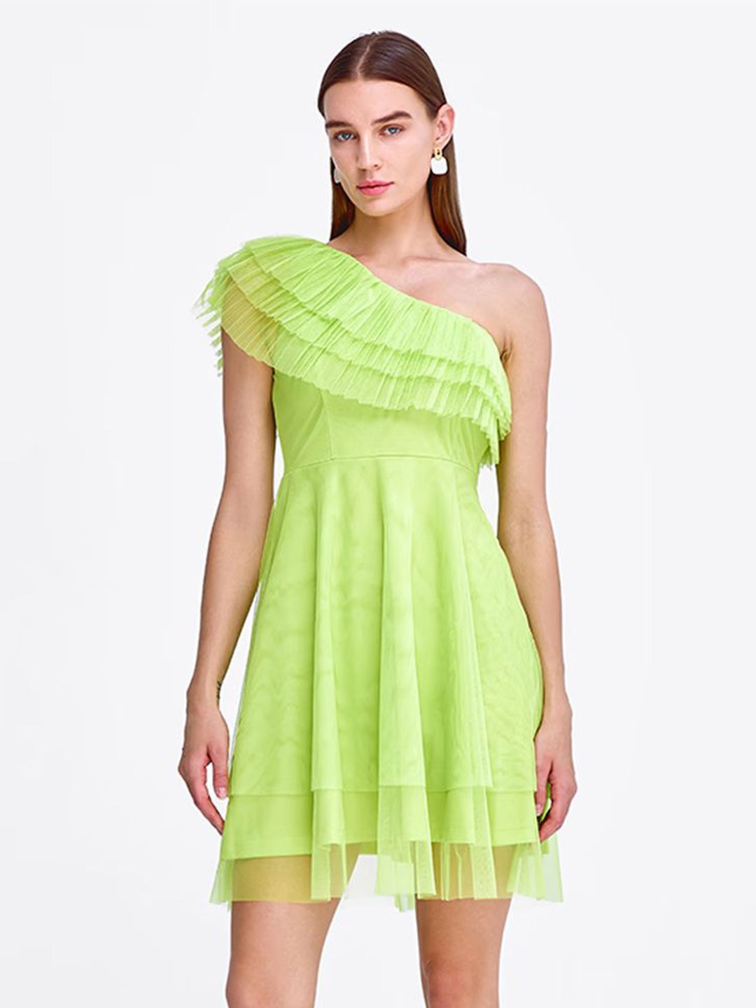 

COVER STORY One Shoulder Fit & Flare Mini Dress, Lime green