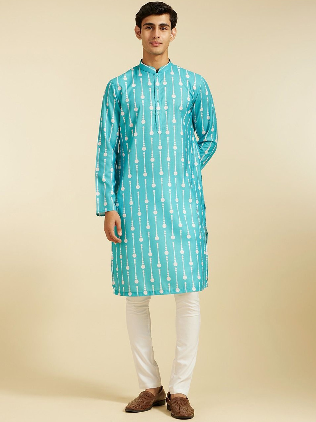 

Diwas by Manyavar Ethnic Motifs Printed Mandarin Collar Straight Kurta, Turquoise blue