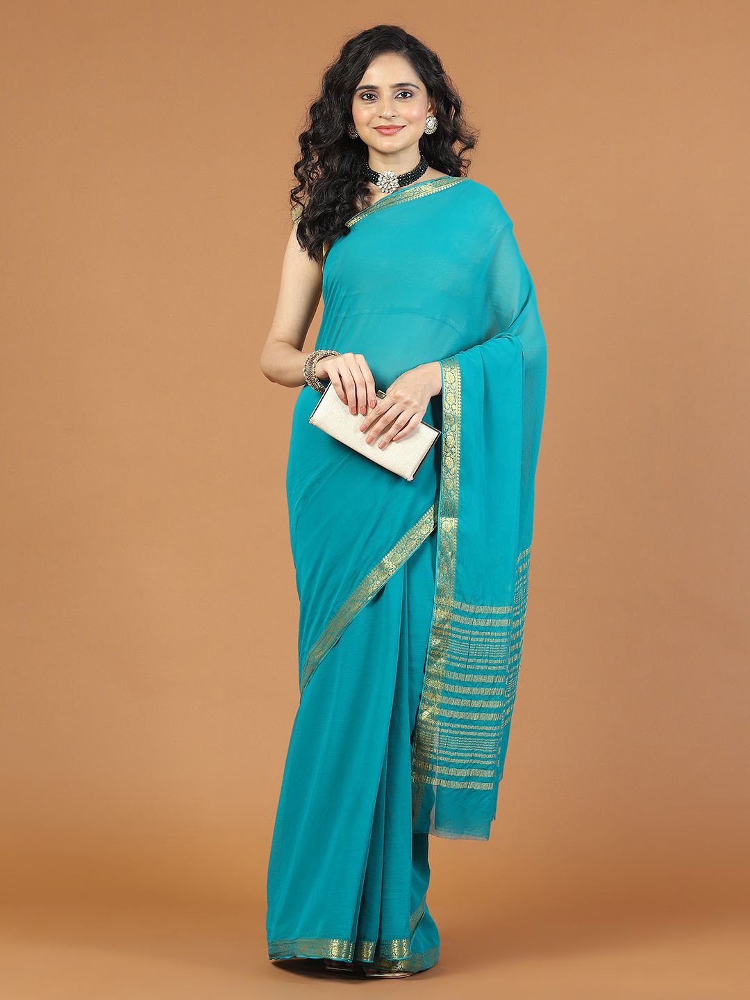 

Meena Bazaar Zari Poly Chiffon Saree, Blue