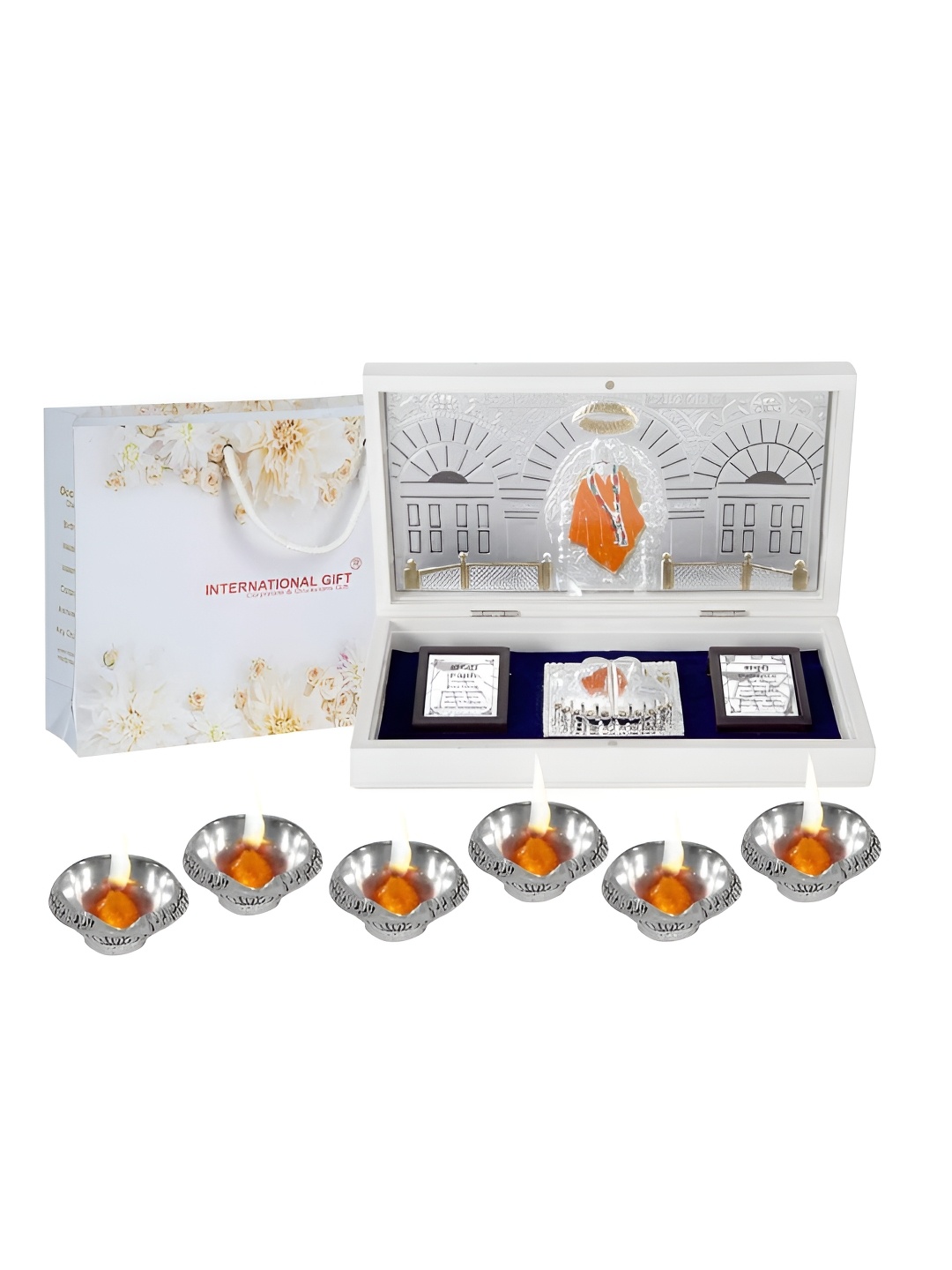 

INTERNATIONAL GIFT Silver-Toned Religious Sai Baba Charan Paduka Showpiece with 6 Diya
