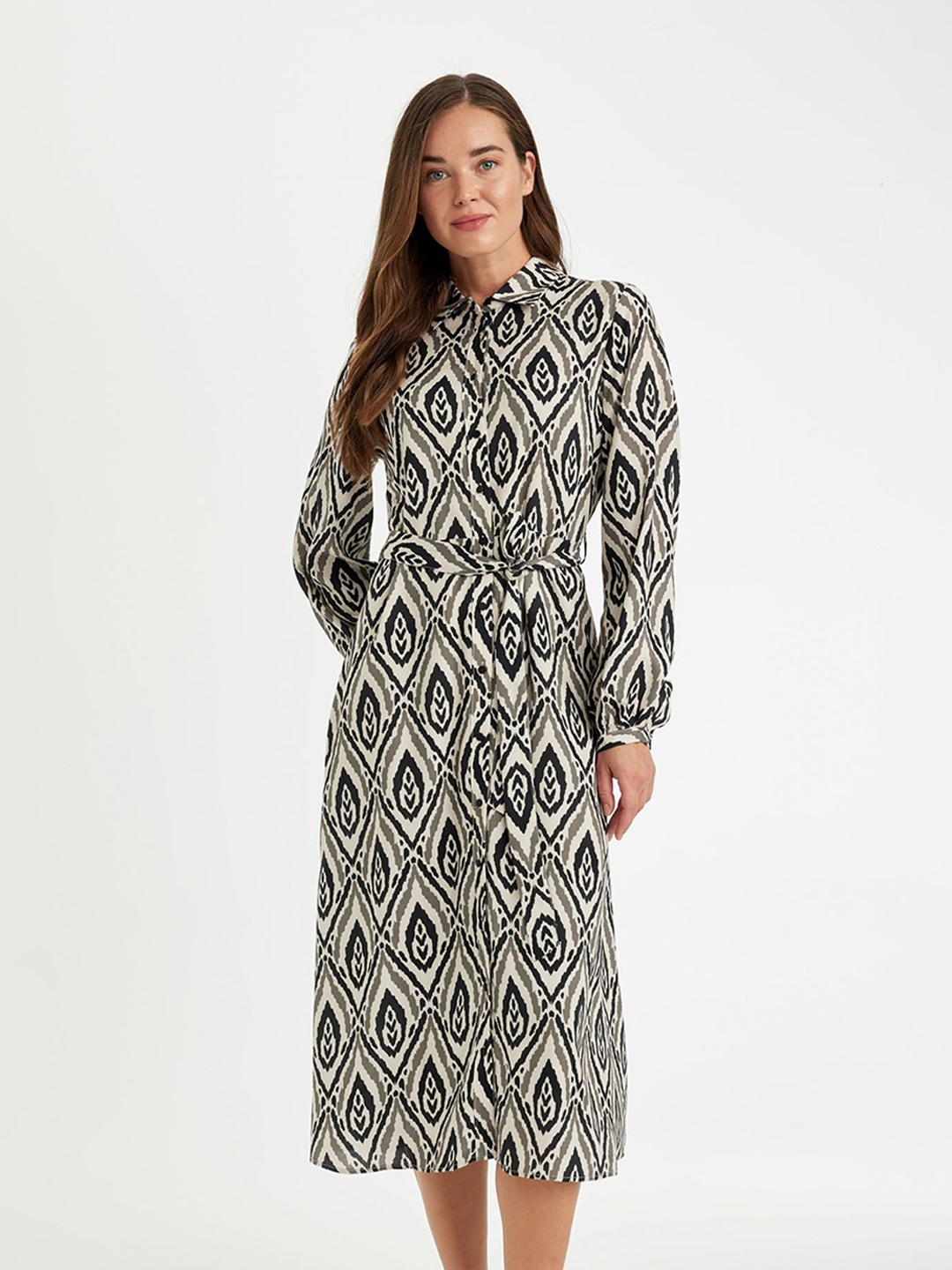 

DeFacto Print Shirt Midi Dress, Na