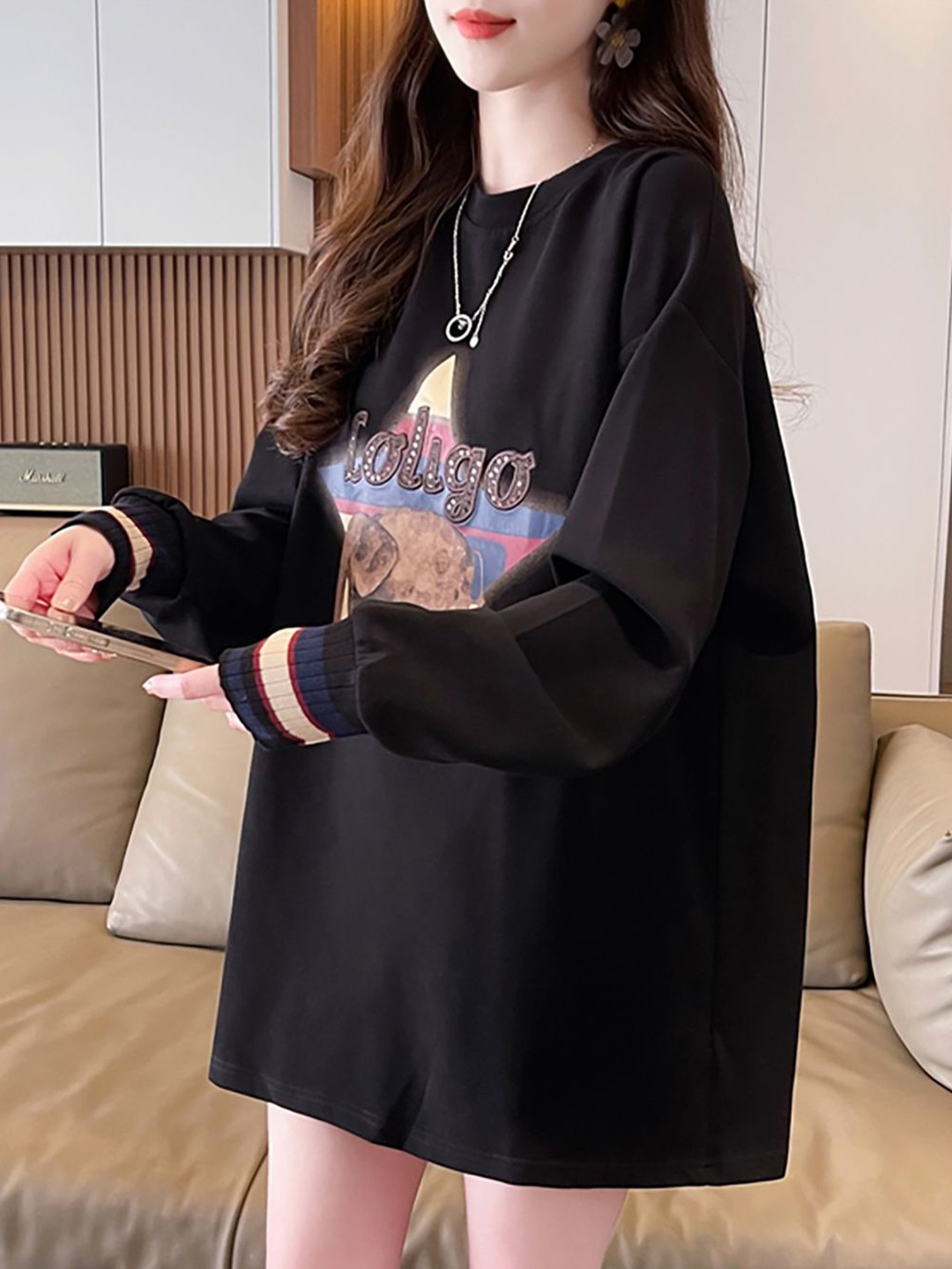 

JC Mode Women Printed Sweatshirt, Black